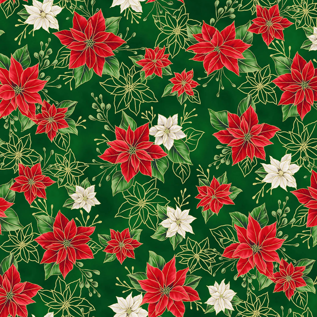 Blooming Holidays - Hunter Metallic Gold Small Floral - Hoffman Fabrics - Polonia Designs