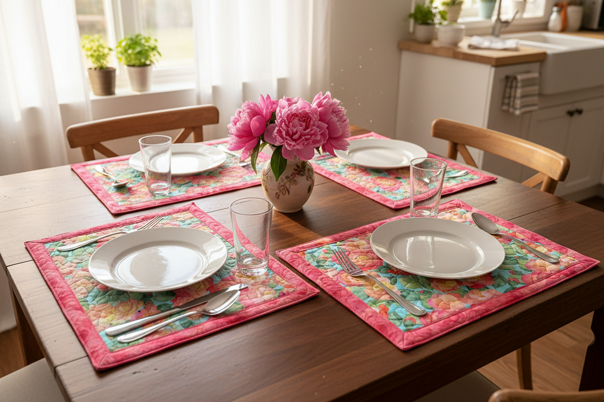 Veranda 12"x18" Self-Binding Quilted Placemats Kit-Pink | Set of 4