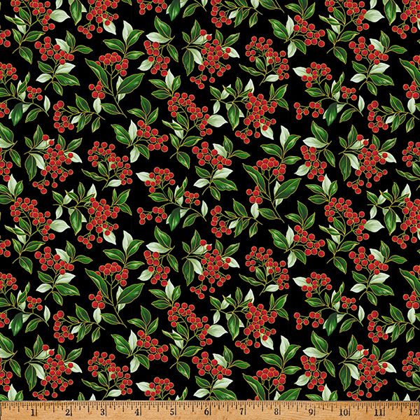 Blooming Holidays - Black Metallic Gold Berries - Hoffman Fabrics - Polonia Designs