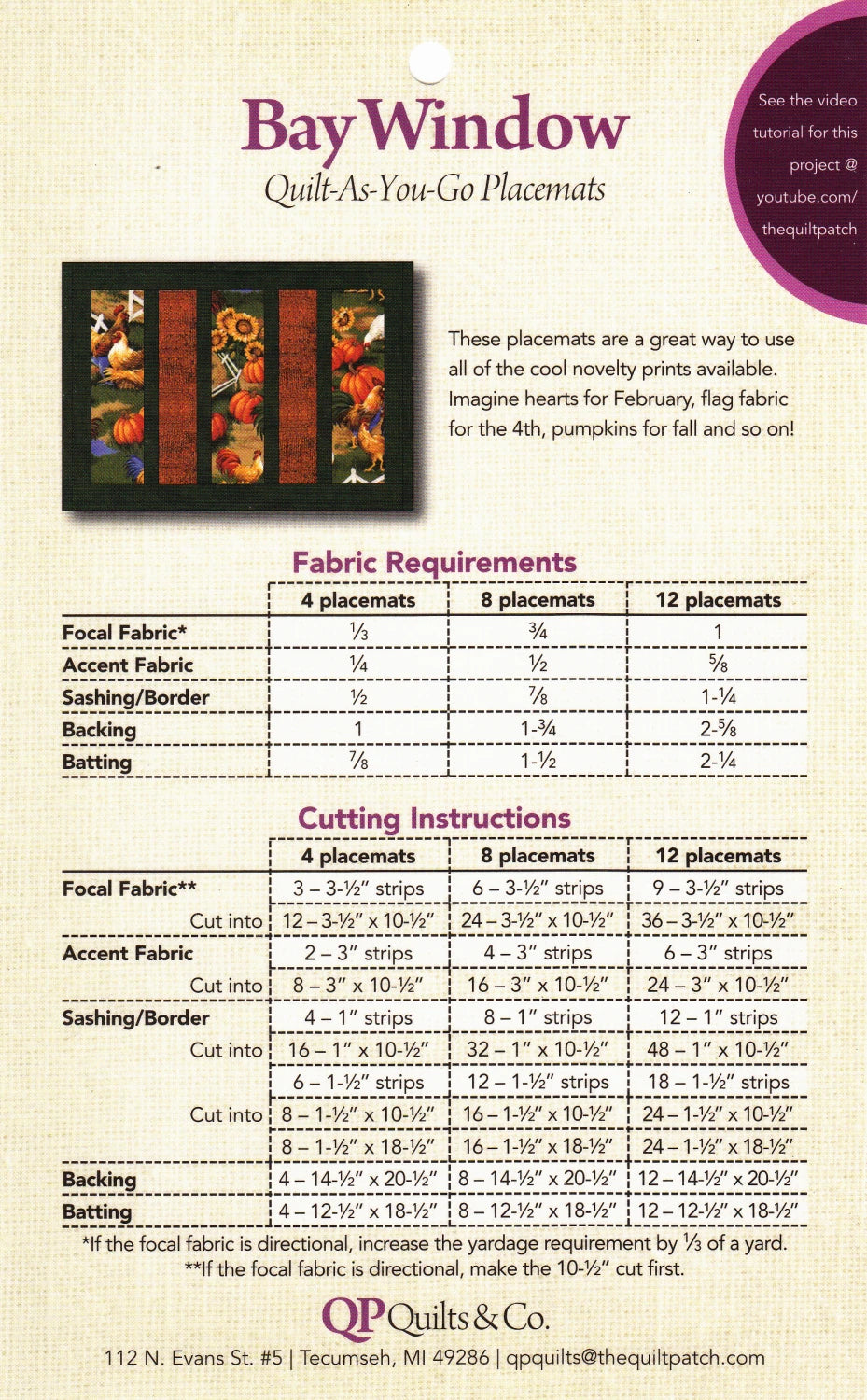 Bay Window Quilt-As-You-Go Placemat pattern - QP Quilts & Co. - Polonia Designs