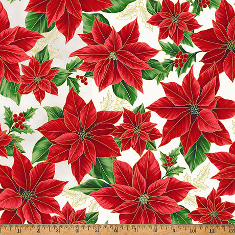 Blooming Holidays - Natural Metallic Gold Large Floral - Hoffman Fabrics - Polonia Designs