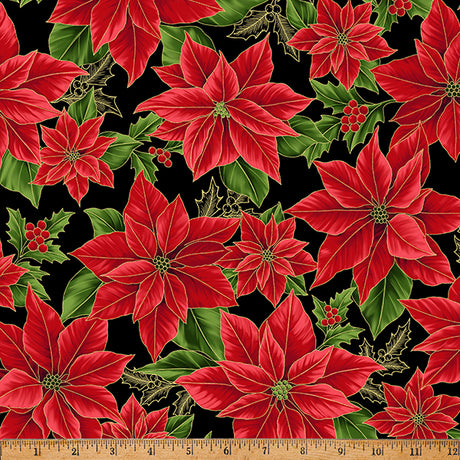 Blooming Holidays - Black Metallic Gold Large Floral - Hoffman Fabrics - Polonia Designs