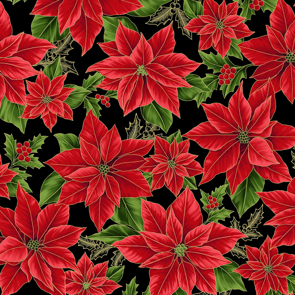 Blooming Holidays - Black Metallic Gold Large Floral - Hoffman Fabrics - Polonia Designs