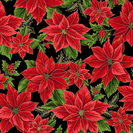 Blooming Holidays - Black Metallic Gold Large Floral - Hoffman Fabrics - Polonia Designs