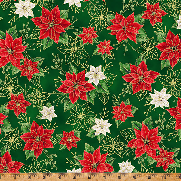 Blooming Holidays - Hunter Metallic Gold Small Floral - Hoffman Fabrics - Polonia Designs