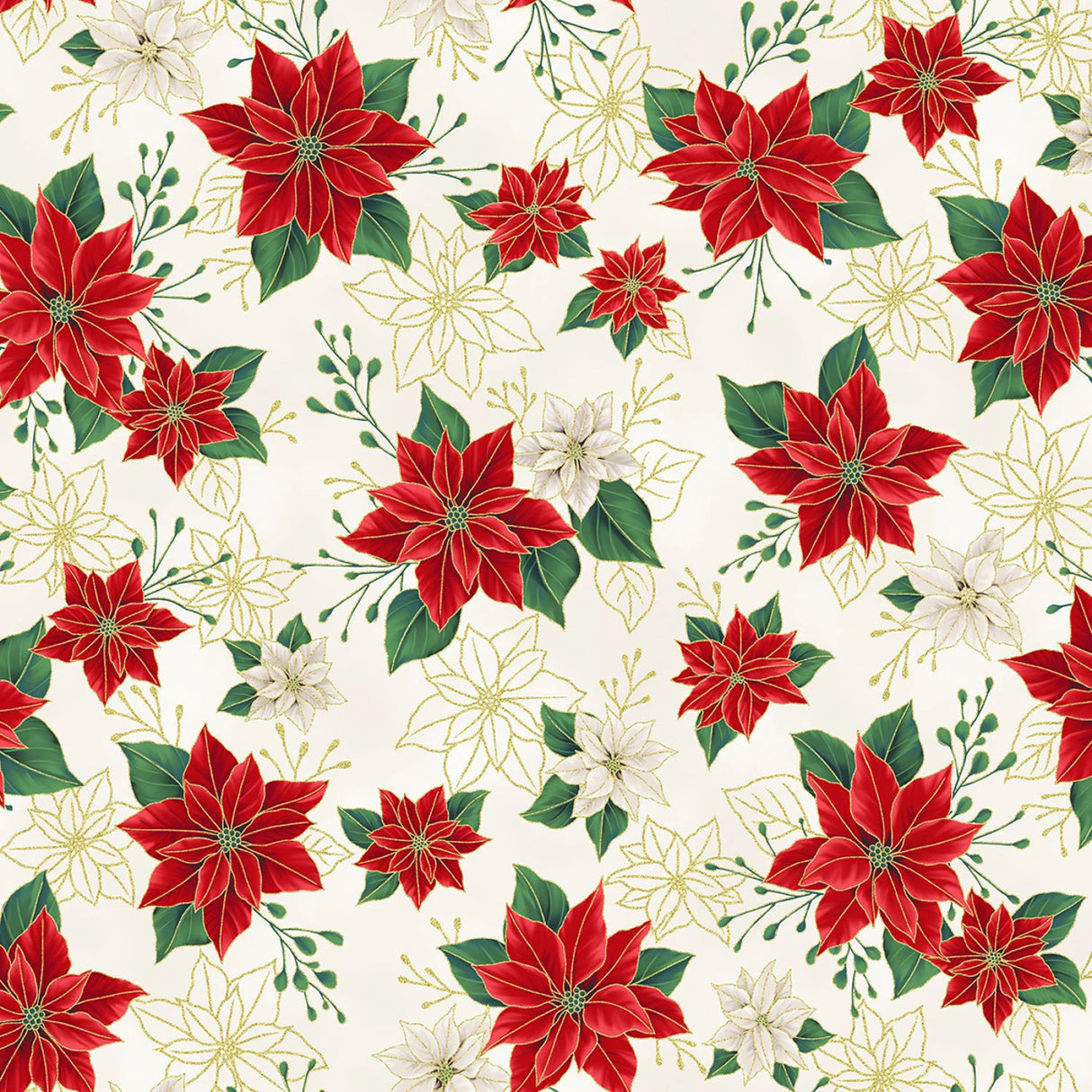 Blooming Holidays - Natural Metallic Gold Small Floral - Hoffman Fabrics - Polonia Designs