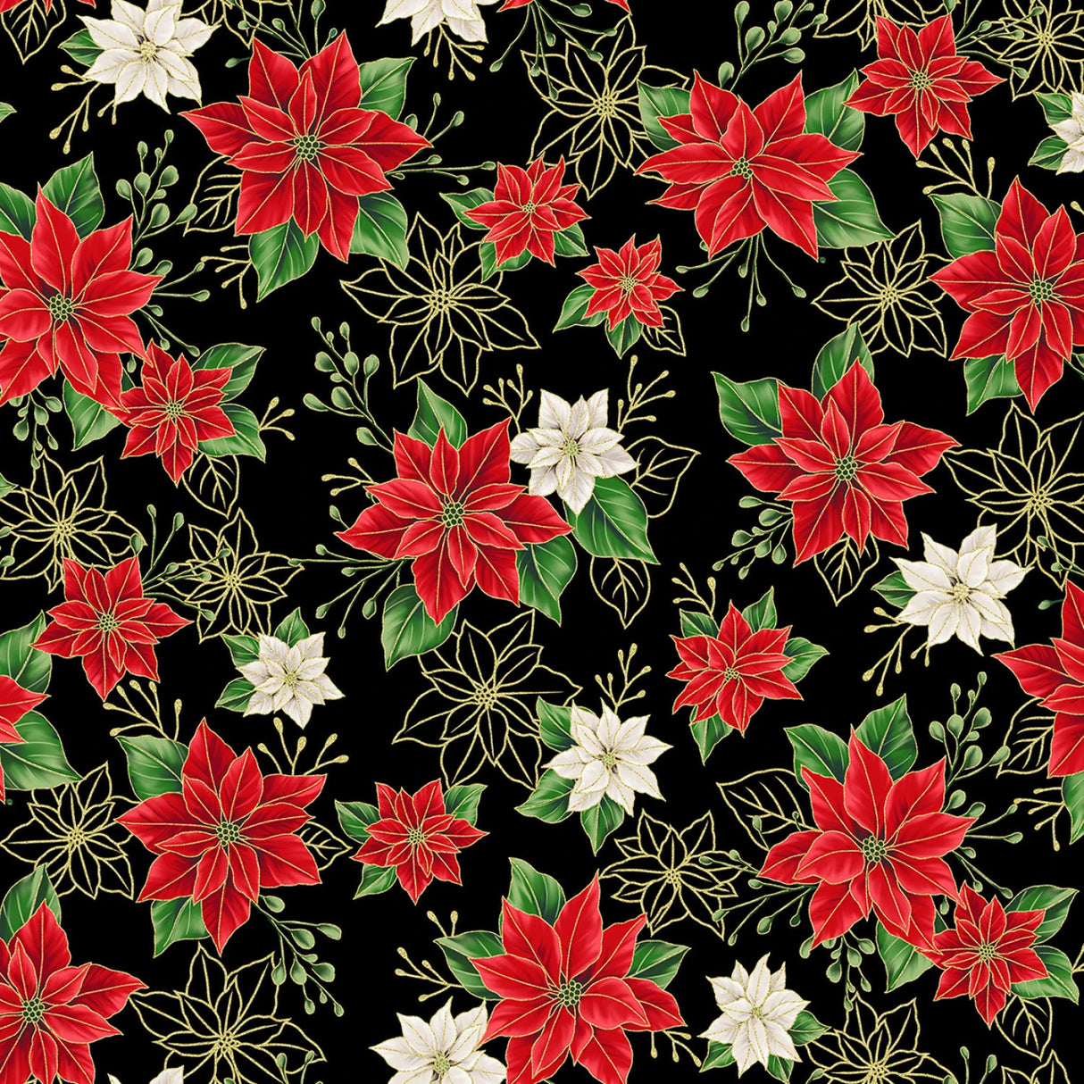 Blooming Holidays - Black Metallic Gold Small Floral - Hoffman Fabrics - Polonia Designs