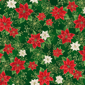 Blooming Holidays - Hunter Metallic Gold Small Floral - Hoffman Fabrics - Polonia Designs