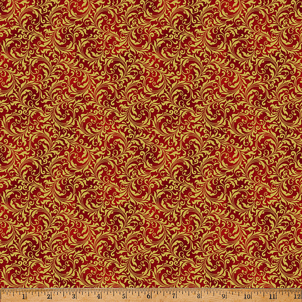 Blooming Holidays - Scarlet Metallic Gold Filigree - Hoffman Fabrics - Polonia Designs