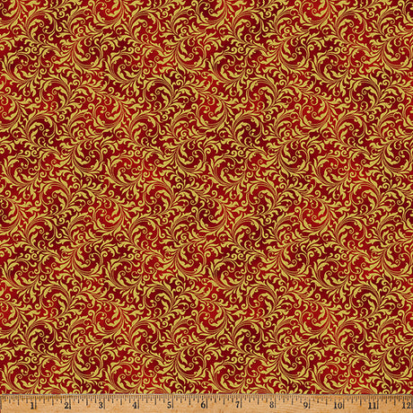 Blooming Holidays - Scarlet Metallic Gold Filigree - Hoffman Fabrics - Polonia Designs