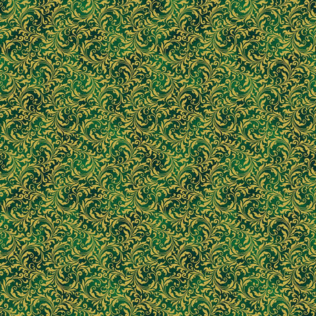 Blooming Holidays - Hunter Metallic Gold Filigree - Hoffman Fabrics - Polonia Designs