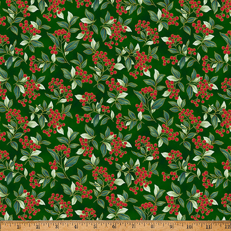 Blooming Holidays - Hunter Metallic Gold Berries - Hoffman Fabrics - Polonia Designs