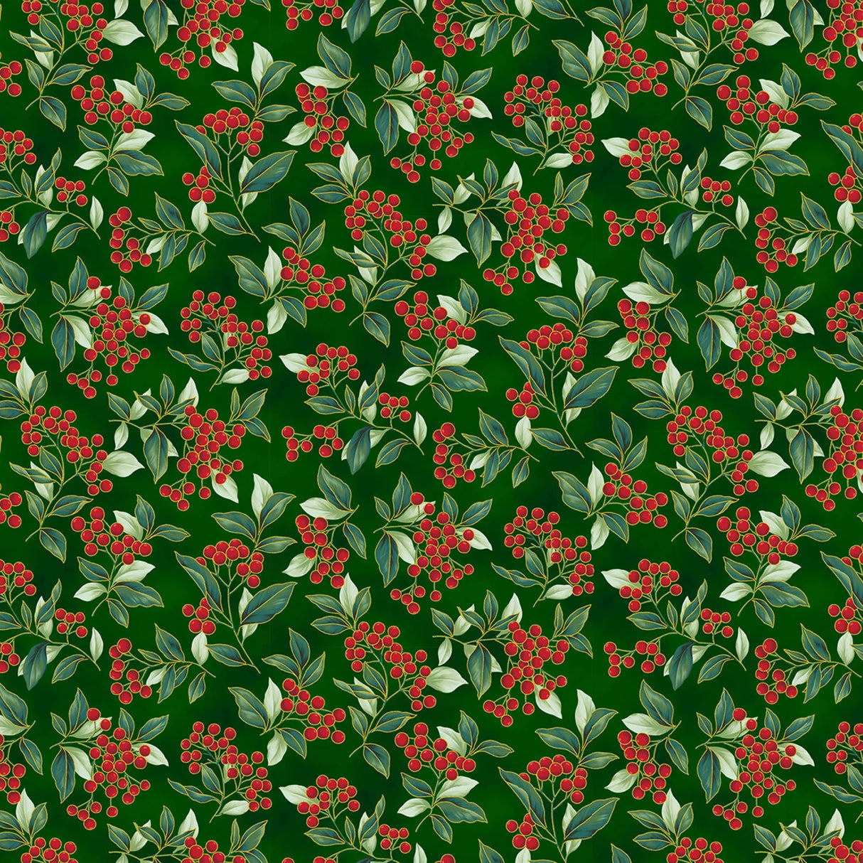 Blooming Holidays - Hunter Metallic Gold Berries - Hoffman Fabrics - Polonia Designs
