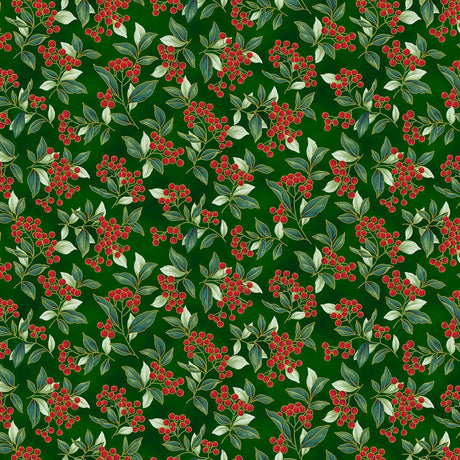 Blooming Holidays - Hunter Metallic Gold Berries - Hoffman Fabrics - Polonia Designs