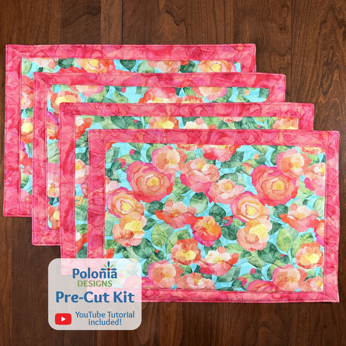 Veranda 12"x18" Self-Binding Quilted Placemats Kit-Pink | Set of 4 - Curated by Polonia Designs - Polonia Designs