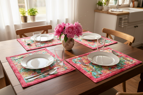 Veranda 12"x18" Self-Binding Quilted Placemats Kit-Pink | Set of 4